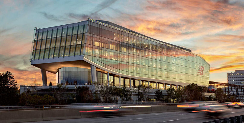 Exterior photo of New Balance office in Boston, Massachusetts at dusk